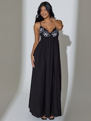 South Beach Black Embroidered Flower Tie Shoulder Maxi Dress - Image 3 of 6