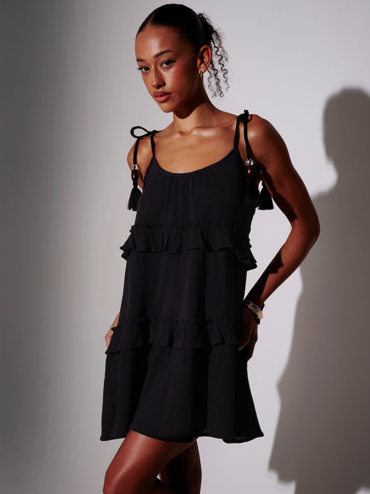 South Beach Black Tiered Ruffle Bead Detail Mini Dress - Image 1 of 4