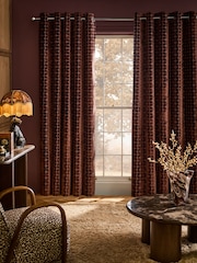 Chocolate Brown Geometric Velvet Eyelet Lined Curtains - Image 1 of 4