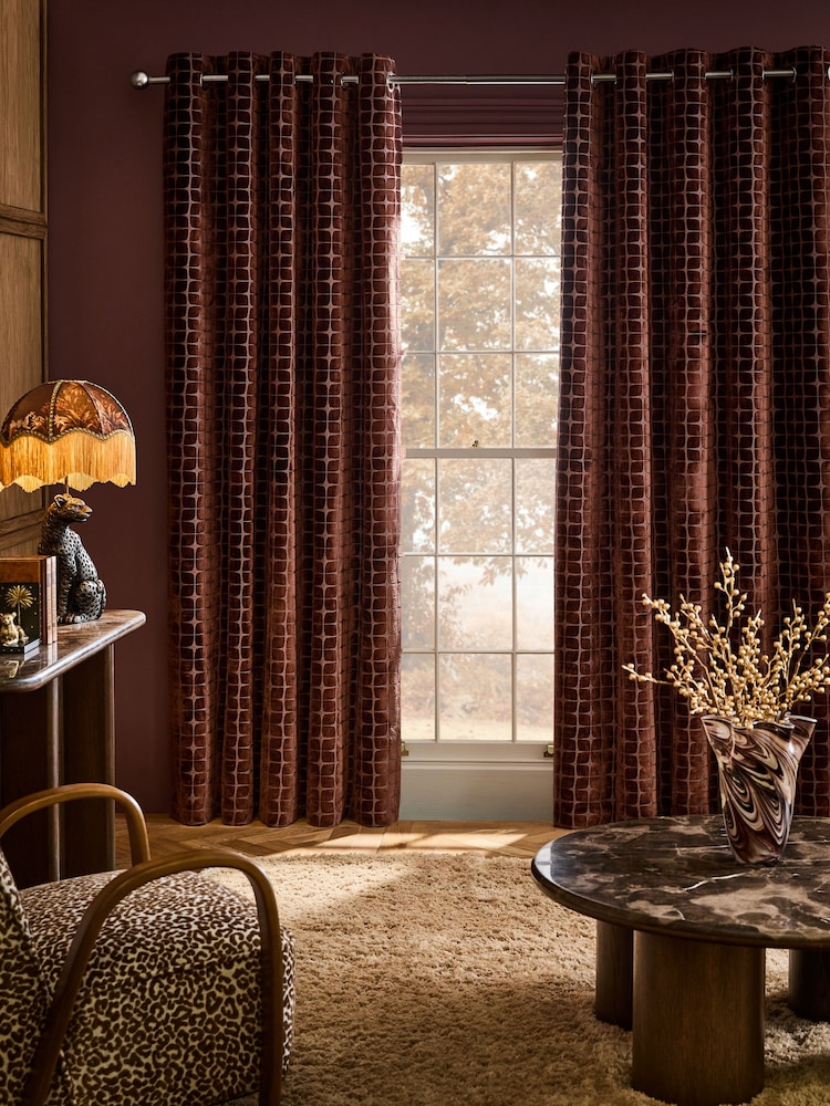 Chocolate Brown Geometric Velvet Eyelet Lined Curtains - Image 1 of 4 Chocolate Brown Geometric Velvet Eyelet Lined Curtains - Image 1 of 4