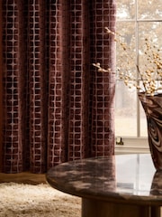 Chocolate Brown Geometric Velvet Eyelet Lined Curtains - Image 2 of 4