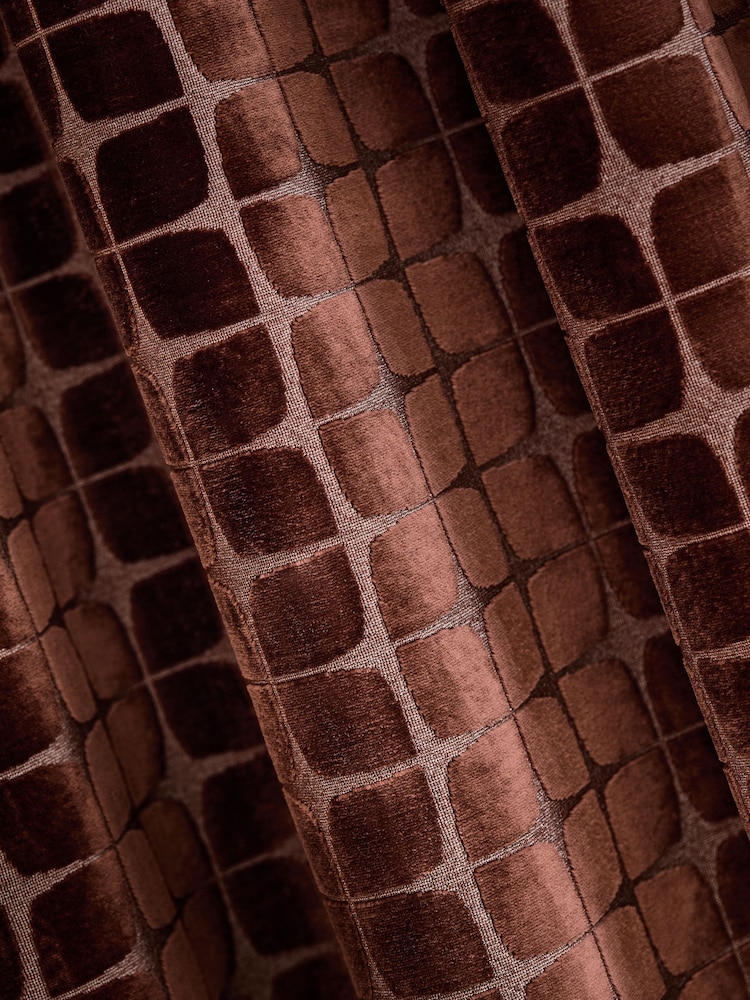 Chocolate Brown Geometric Velvet Eyelet Lined Curtains - Image 4 of 4 Chocolate Brown Geometric Velvet Eyelet Lined Curtains - Image 4 of 4