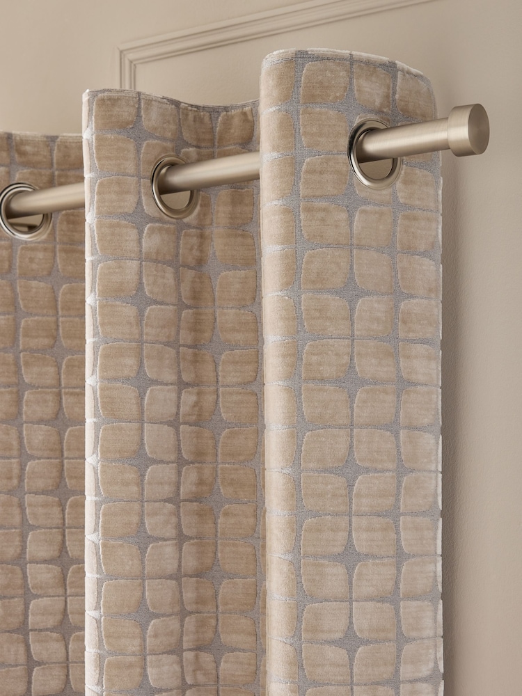 Champagne Gold Geometric Velvet Eyelet Lined Curtains - Image 2 of 5 Champagne Gold Geometric Velvet Eyelet Lined Curtains - Image 2 of 5