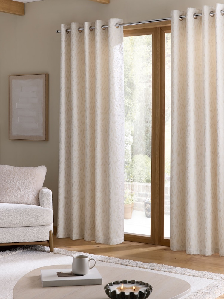 Natural Cosy Leaf Jacquard Lined Eyelet Curtains - Image 2 of 5 Natural Cosy Leaf Jacquard Lined Eyelet Curtains - Image 2 of 5