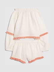River Island White Shell Crochet Top & Frill Shorts Set - Image 1 of 4