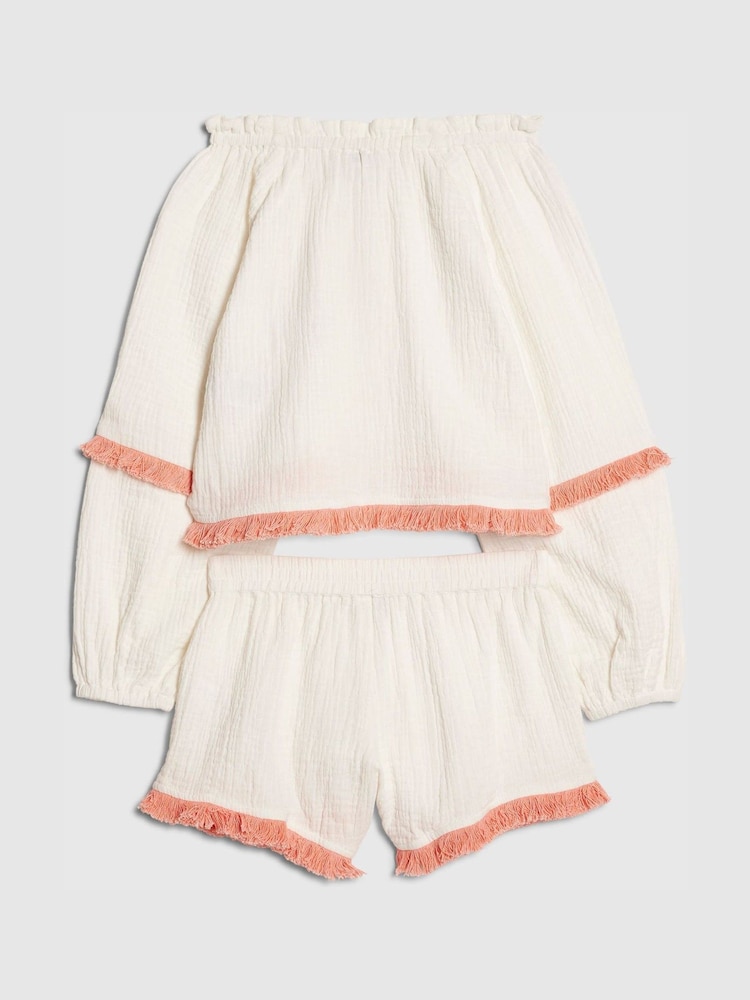 River Island White Shell Crochet Top & Frill Shorts Set - Image 1 of 4