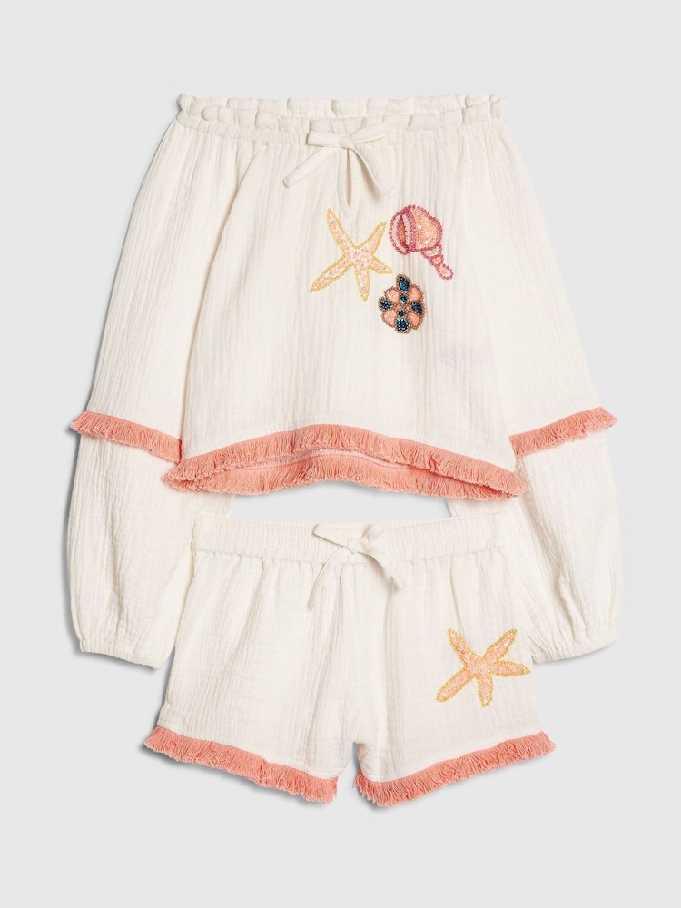 River Island White Shell Crochet Top & Frill Shorts Set - Image 2 of 4