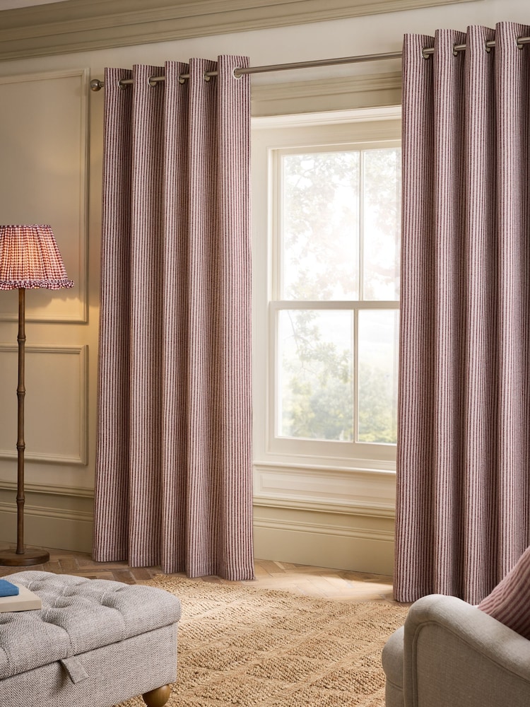 Burgundy Red Brushed Stripe Lined Eyelet Curtains - Image 2 of 5 Burgundy Red Brushed Stripe Lined Eyelet Curtains - Image 2 of 5