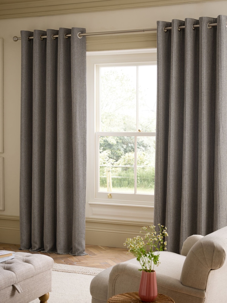Navy Blue Brushed Stripe Lined Eyelet Curtains - Image 2 of 5