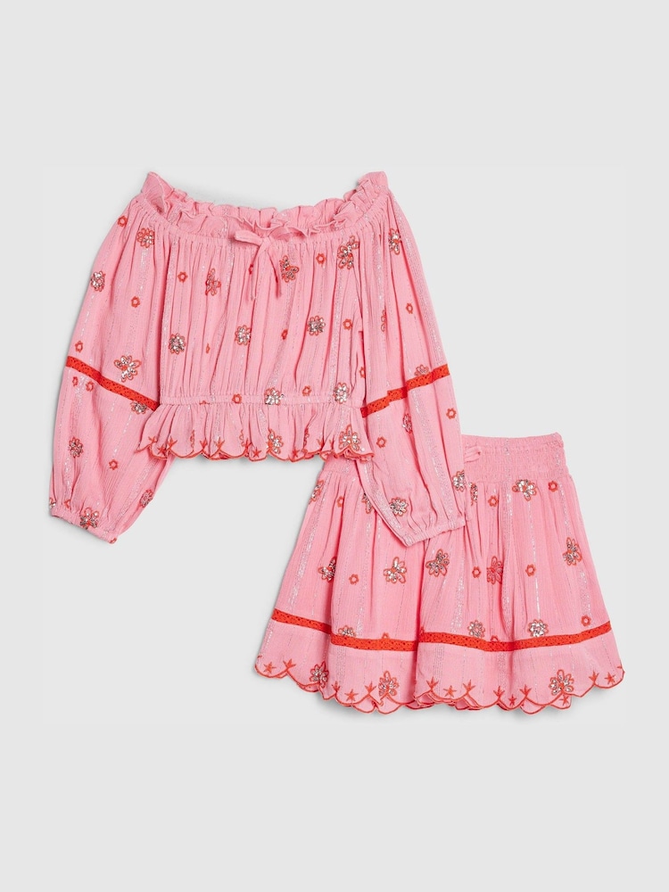River Island Pink Embellished Frill Top & Skirt Set - Image 1 of 5