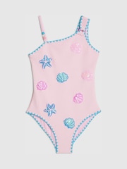 River Island Pink Sequin Shell Aysmmetric Swimsuit - Image 1 of 4