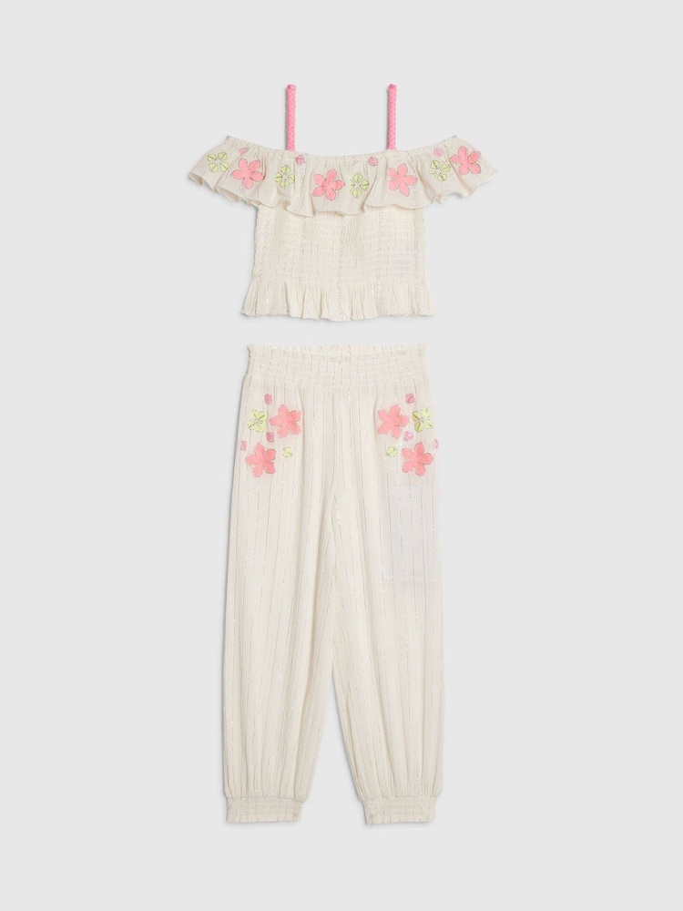 River Island White Neon Embrodiered Frill Top & Hareem Trousers Set - Image 1 of 4