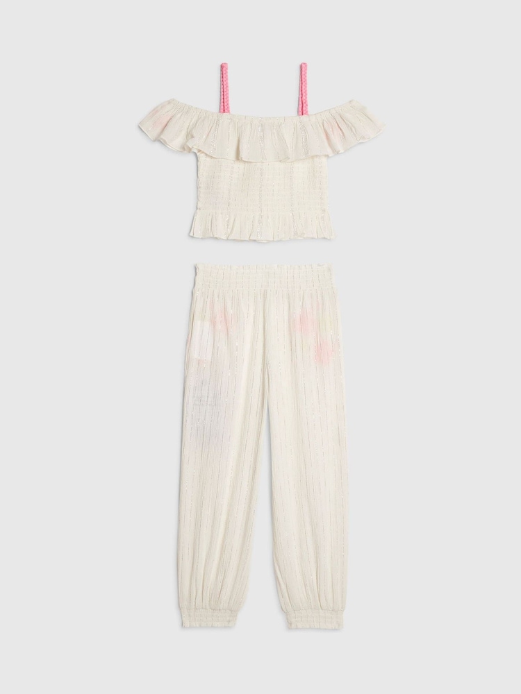 River Island White Neon Embrodiered Frill Top & Hareem Trousers Set - Image 2 of 4