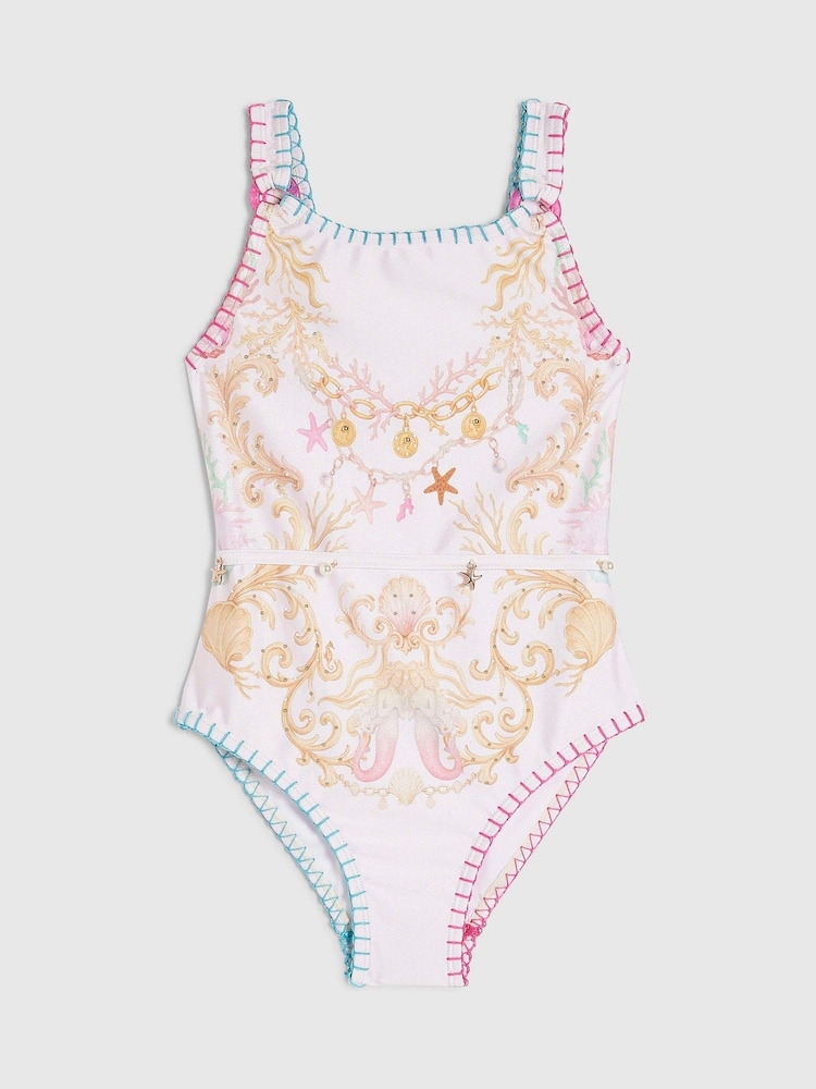 River Island Cream Chain Border Print Embellished Swimsuit - Image 1 of 3 River Island Cream Chain Border Print Embellished Swimsuit - Image 1 of 3