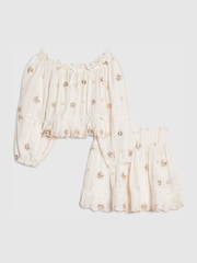 River Island Cream Embelished Frill Bardot Top & Skirt Set - Image 1 of 5