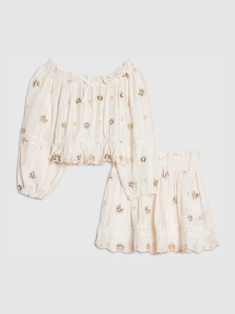 River Island Cream Embelished Frill Bardot Top & Skirt Set - Image 1 of 5