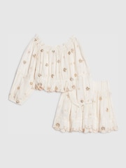 River Island Cream Embelished Frill Bardot Top & Skirt Set - Image 2 of 5