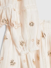 River Island Cream Embelished Frill Bardot Top & Skirt Set - Image 4 of 5