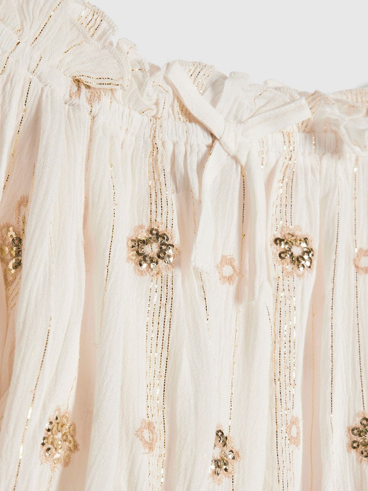 River Island Cream Embelished Frill Bardot Top & Skirt Set - Image 5 of 5