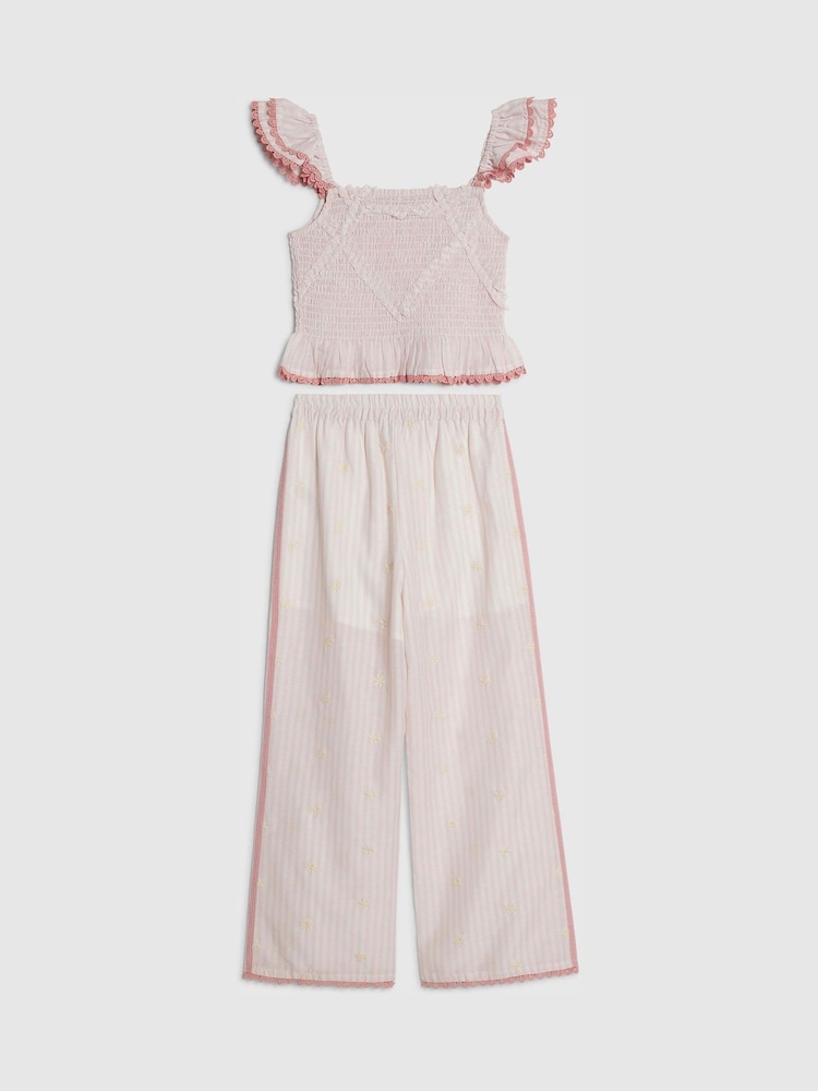 River Island Pink Stripe Frill Top & Trousers Set - Image 1 of 4