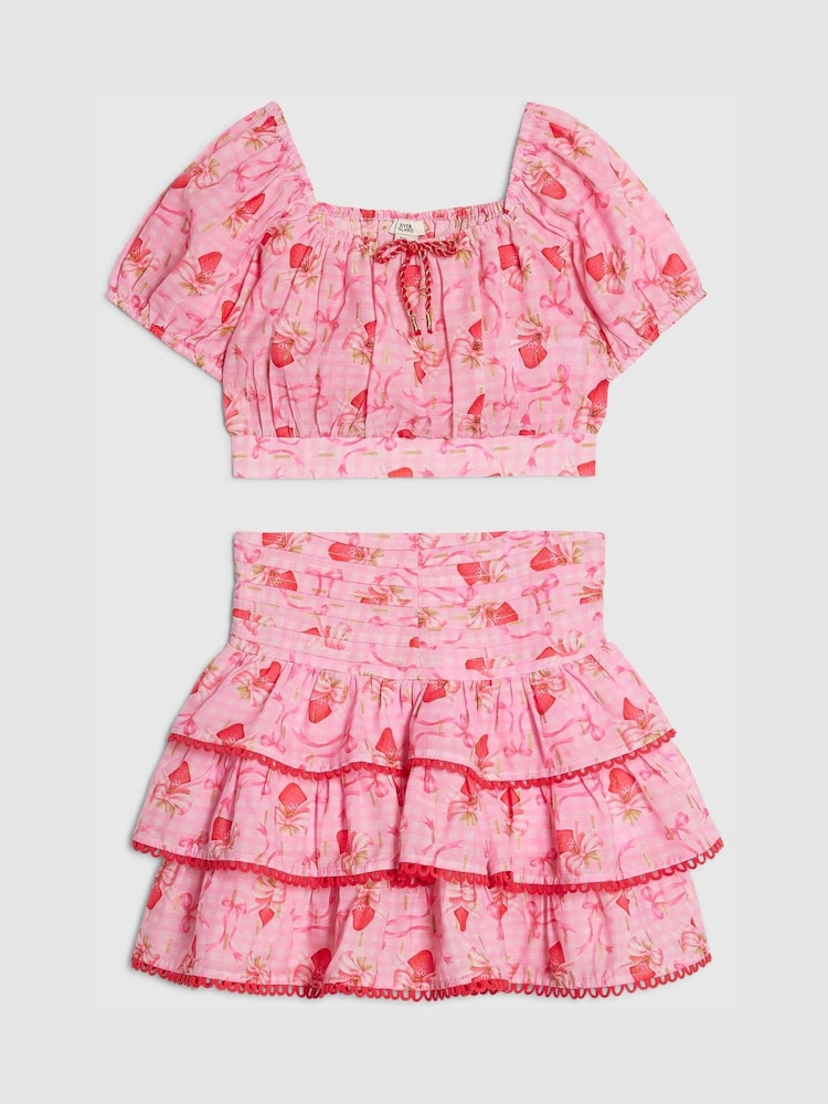 River Island Pink Strawberry Puff Sleeve Top & Rara Skirt Set - Image 1 of 4