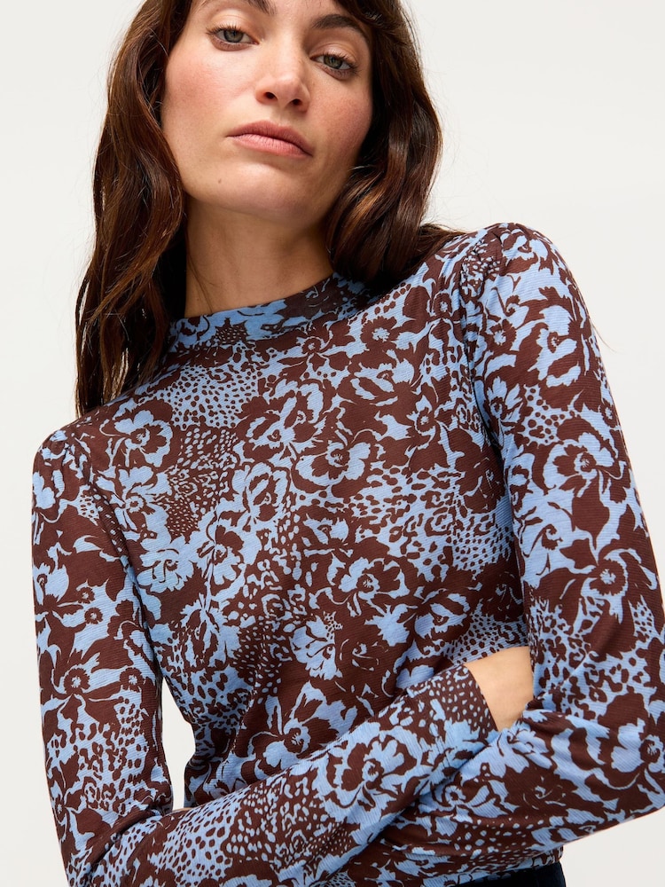 Oliver Bonas Brown & Blue Floral Mesh Long Sleeve Top - Image 1 of 8
