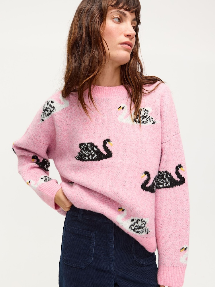 Oliver Bonas Pink Pink Swan Crew Neck Knitted Jumper - Image 1 of 8 Oliver Bonas Pink Pink Swan Crew Neck Knitted Jumper - Image 1 of 8