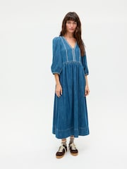 Oliver Bonas Blue Denim Embroidered V-Neck Midi Dress - Image 1 of 8