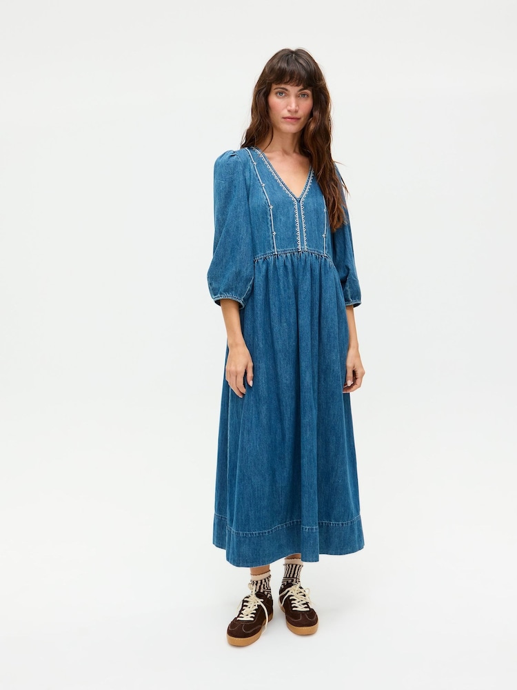 Oliver Bonas Blue Denim Embroidered V-Neck Midi Dress - Image 1 of 8