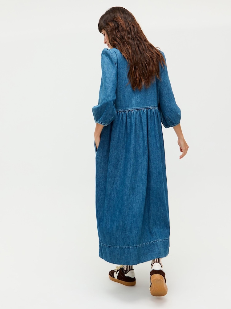 Oliver Bonas Blue Denim Embroidered V-Neck Midi Dress - Image 2 of 8