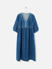 Oliver Bonas Blue Denim Embroidered V-Neck Midi Dress - Image 3 of 8