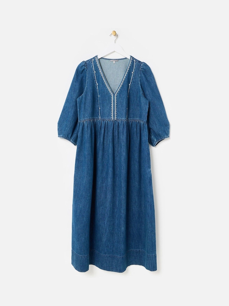 denim v neck midi dress Denim Ruffled Sleeve V-neck Midi Dress Sugar & Spice