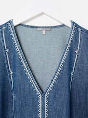 Oliver Bonas Blue Denim Embroidered V-Neck Midi Dress - Image 5 of 8
