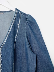 Oliver Bonas Blue Denim Embroidered V-Neck Midi Dress - Image 6 of 8