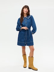 Oliver Bonas Blue Denim Embroidered Collar Mini Shirt Dress - Image 1 of 8