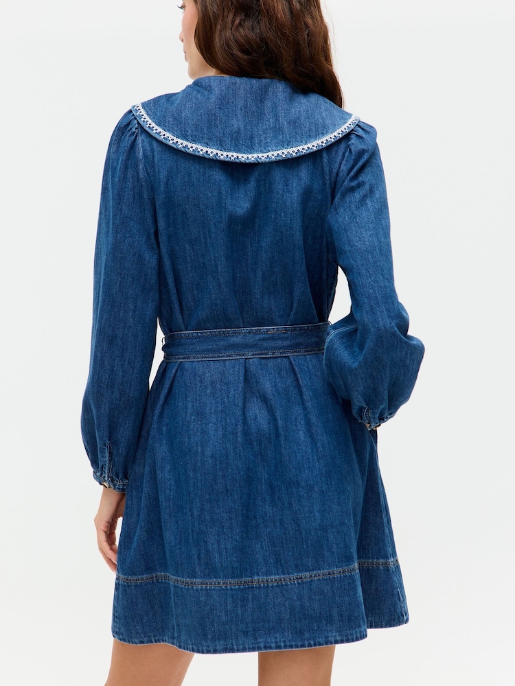 Oliver Bonas Blue Denim Embroidered Collar Mini Shirt Dress - Image 2 of 8 Oliver Bonas Blue Denim Embroidered Collar Mini Shirt Dress - Image 2 of 8