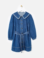 Oliver Bonas Blue Denim Embroidered Collar Mini Shirt Dress - Image 3 of 8