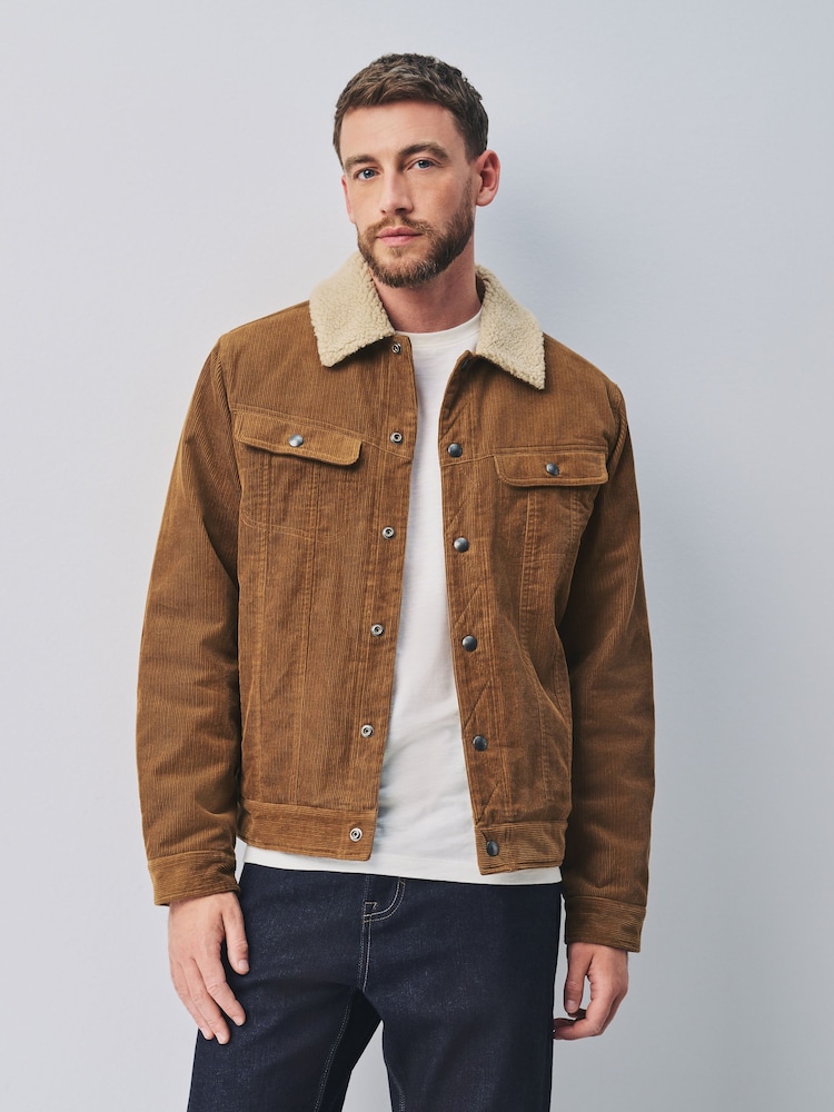 Tan Brown Cord Borg Lined Trucker Jacket - Image 1 of 8
