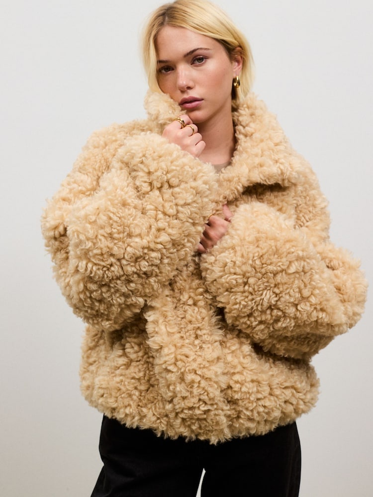 Caramel Brown Curly Fur Coat - Image 1 of 5 Caramel Brown Curly Fur Coat - Image 1 of 5