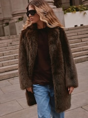 Chocolate Brown Faux Fur Longline Jacket - Image 1 of 8