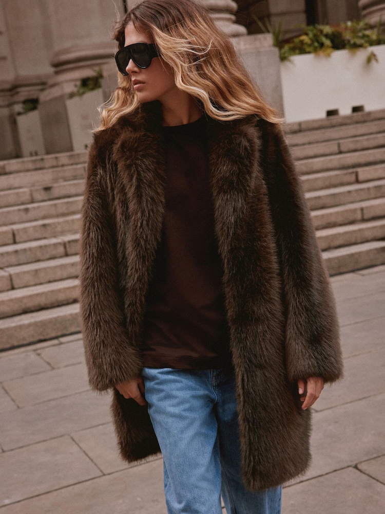 Chocolate Brown Faux Fur Longline Jacket - Image 1 of 8