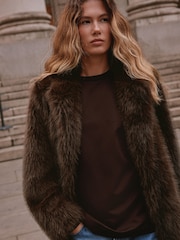 Chocolate Brown Faux Fur Longline Jacket - Image 3 of 8