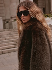 Chocolate Brown Faux Fur Longline Jacket - Image 5 of 8