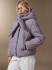 Pink Check with Scarf Short Padded Jacket - Image 1 of 11