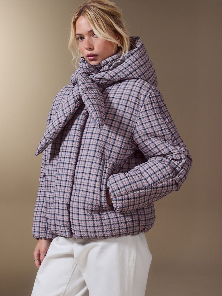 Pink Check with Scarf Short Padded Jacket - Image 1 of 11 Pink Check with Scarf Short Padded Jacket - Image 1 of 11