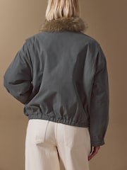 Charcoal Grey Bomber Jacket With Fur Collar - Image 4 of 9