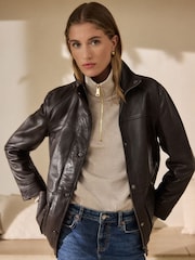 Čokoladno rjava - N. Premium Leather Waisted Funnel Neck Jacket - Slika 2 iz 8