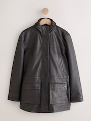 Čokoladno rjava - N. Premium Leather Waisted Funnel Neck Jacket - Slika 8 iz 8