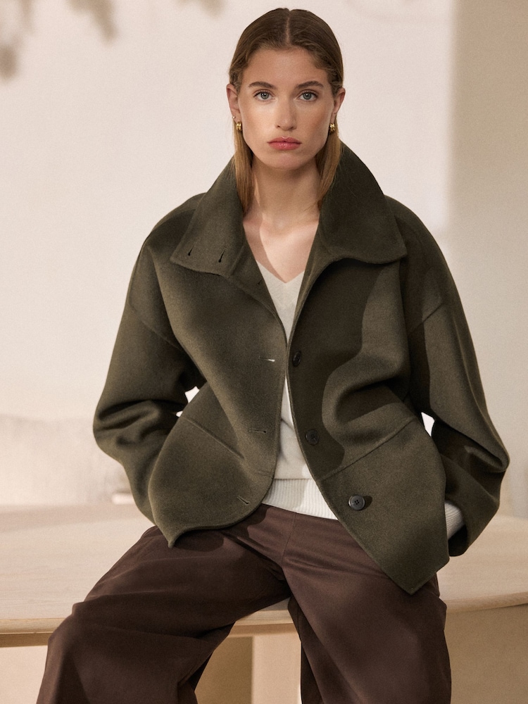 Olive Green N.Premium Hand Sewn Funnel Neck Short Coat - Image 2 of 8