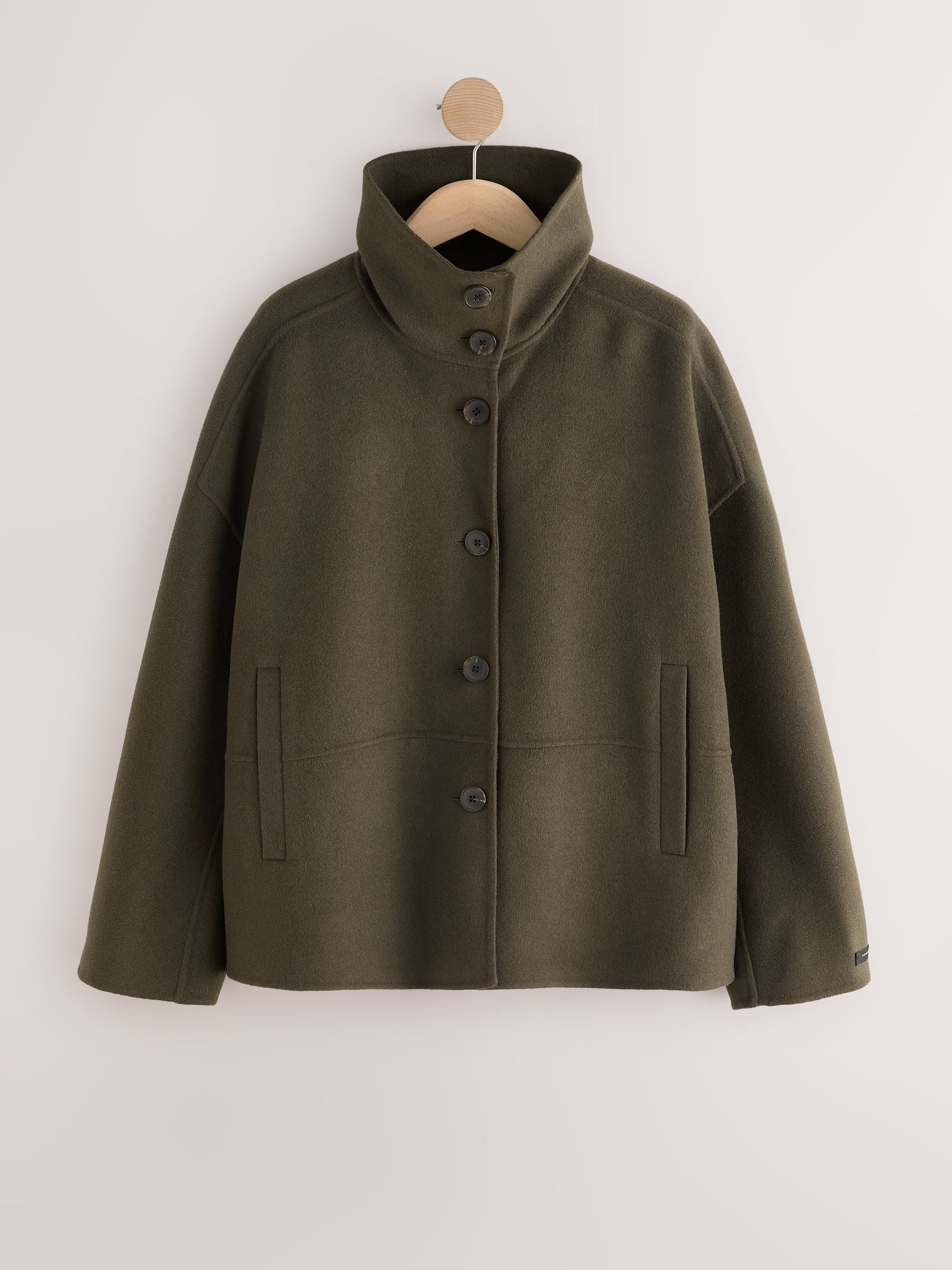 Buy Olive Green N.Premium Hand Sewn Funnel Neck Short Coat from